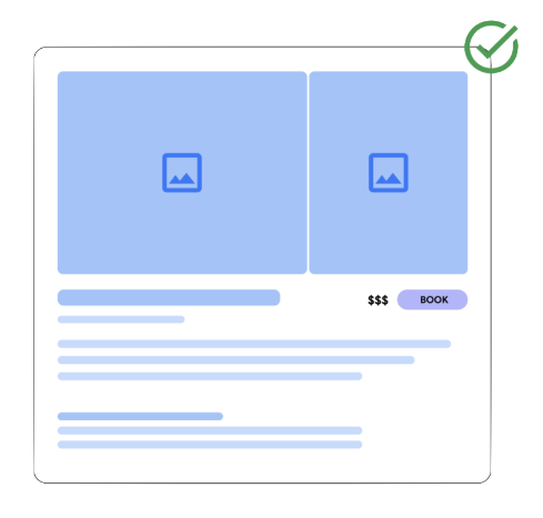 Example of a good Google Things to Do landing page layout showing clear product images, title, price, and a prominent Book button