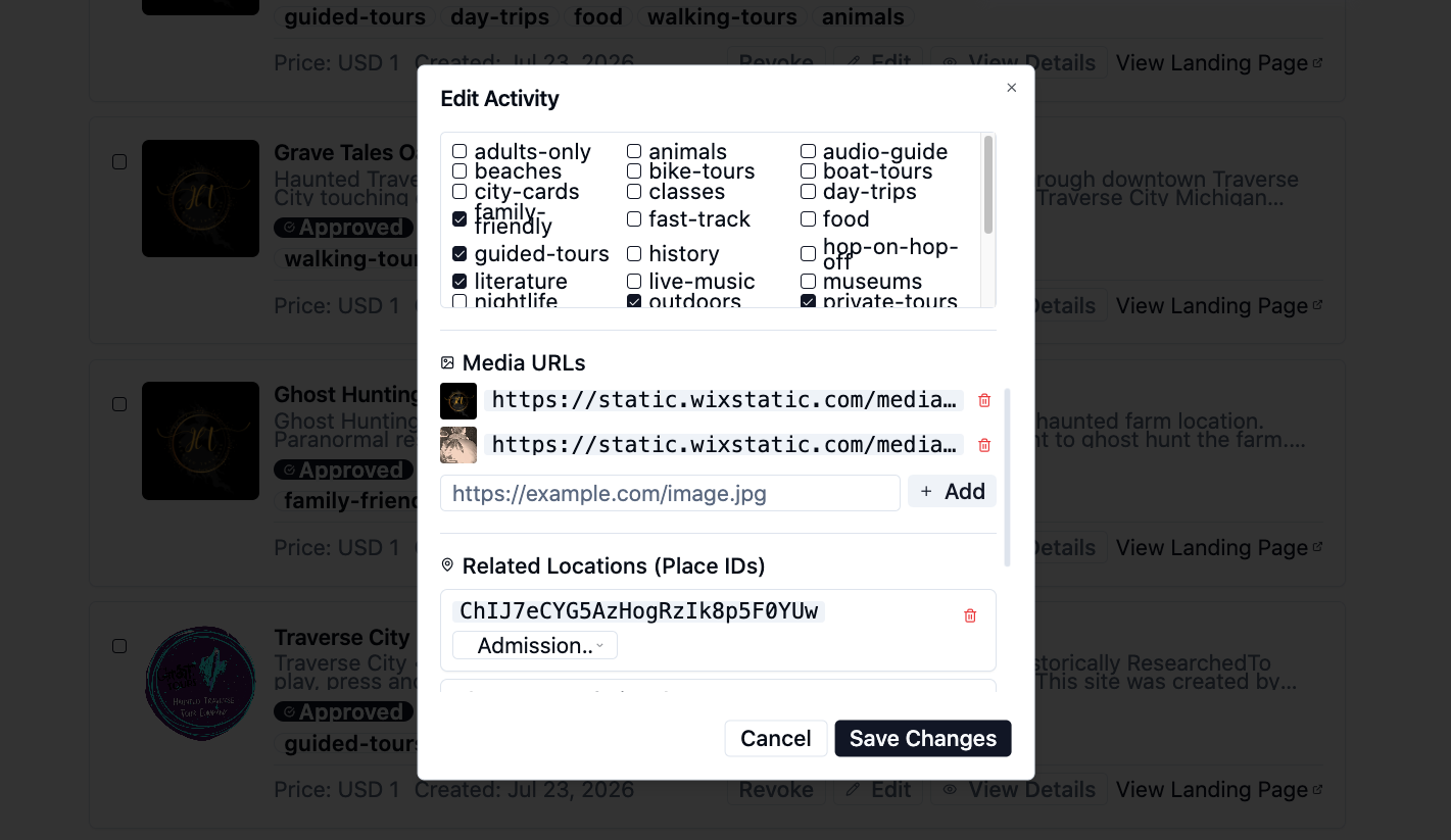 Edit Activity modal showing the Media URLs section where image URLs can be added, replaced, or removed