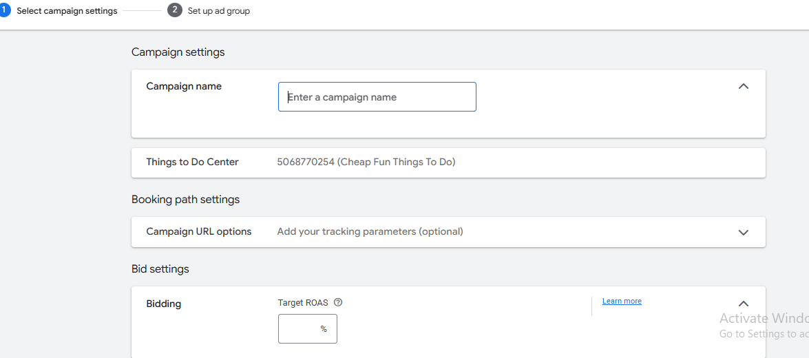 Activity configuration screen in Google Ads Travel campaign