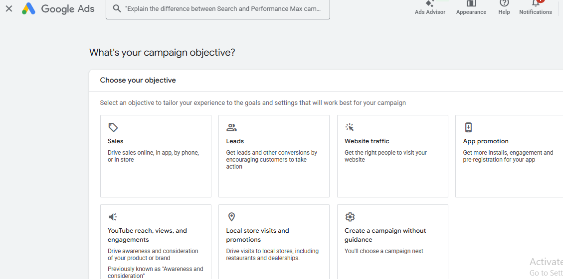 Google Ads goal selection screen with 'Create a campaign without a goal's guidance' option