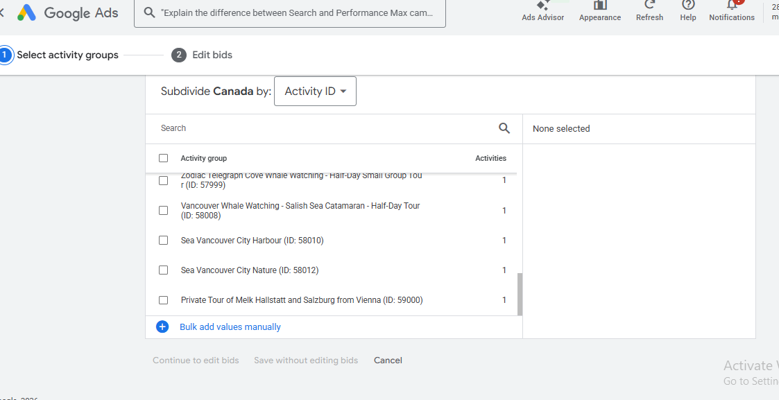 Changing Excluded status to Automatic in Google Ads activity group