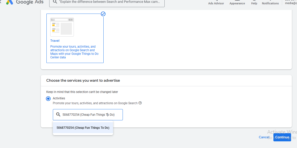 Activity selection screen showing available Things to Do activities