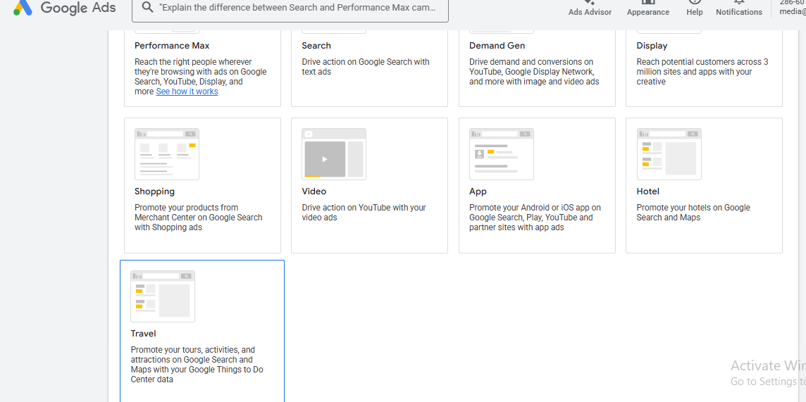 Google Ads campaign type selection with Travel highlighted